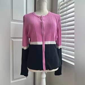 Fashion Bug Pink, White & Black Zip-Front Cardigan Sweater